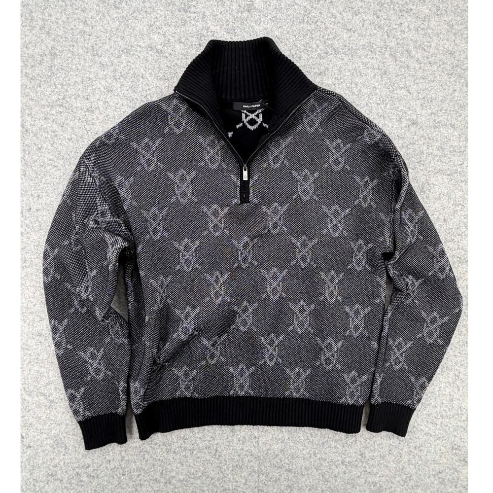 NWT Daily Paper Tems Black Knit Monogram Quarter-Zip Sweater Size MEDIUM